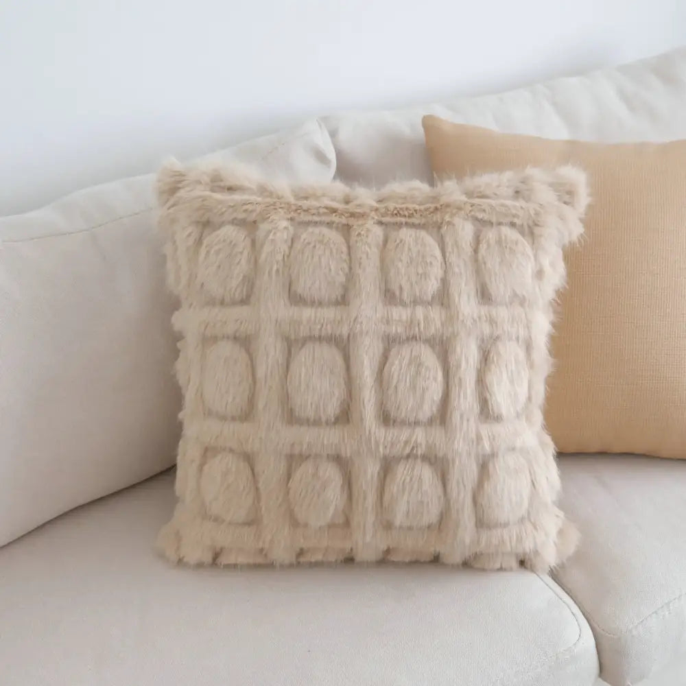 Cream-colored fluffy cushion cover with textured oval grid and fringed edges for decorbites boho leaf geometry tufted cushion