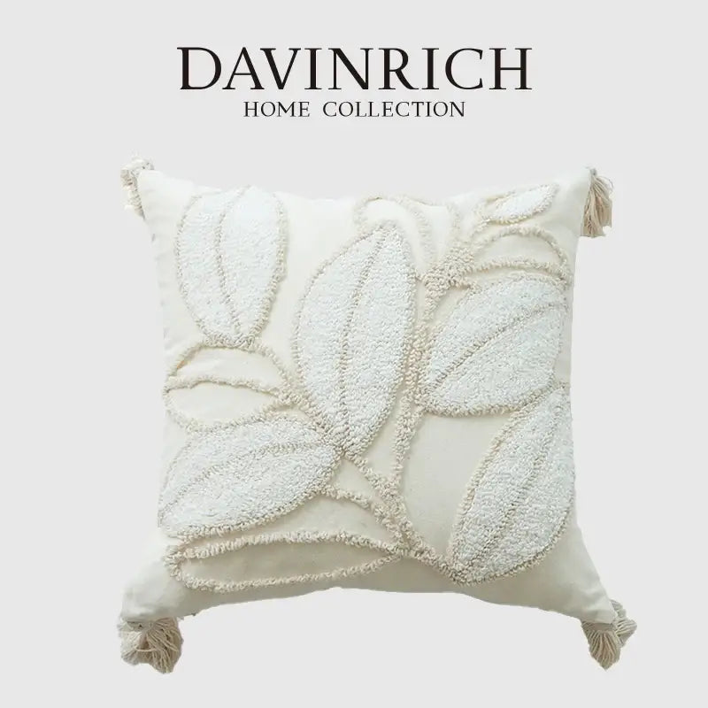 Cream-colored geometry tufted cushion cover with embroidered leaf patterns and tassels for living room decorbites boho leaf decor