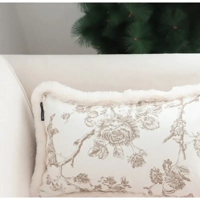 Cream-colored geometry tufted cushion cover with gray floral pattern and white fleece border for decorbites boho leaf decor