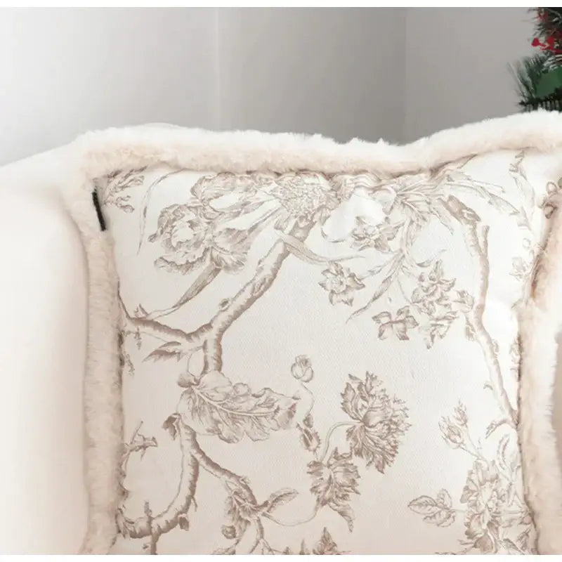 Boho cream leaf geometry tufted cushion cover with delicate gray floral pattern and plush faux-fur trim decorbites boho leaf