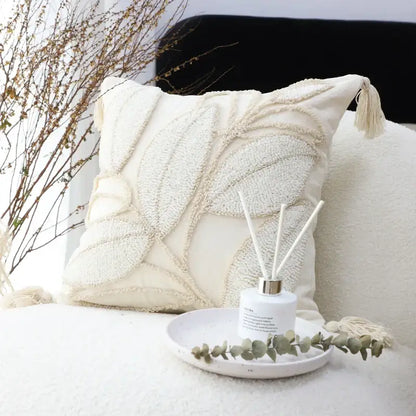 Cream-colored cushion cover with textured leaf embroidery tassels for decorbites boho leaf geometry tufted cushion decor