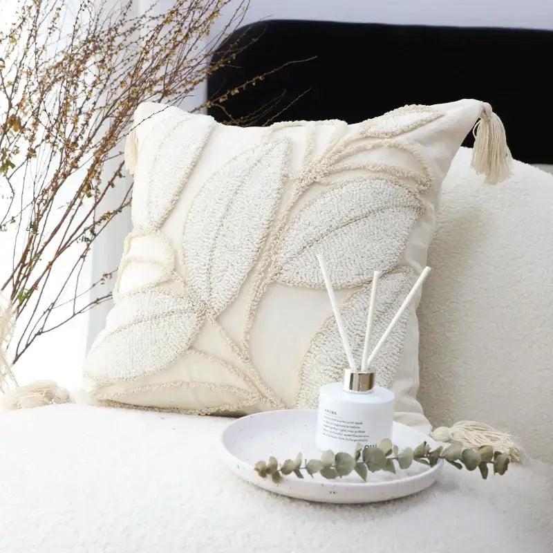 Cream-colored cushion cover with textured leaf embroidery tassels for decorbites boho leaf geometry tufted cushion decor