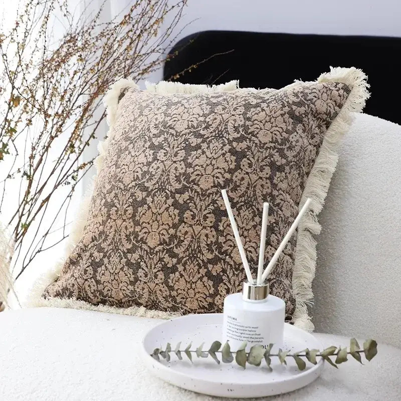 Beige and brown floral cushion cover with cream fringe trim featuring decorbites boho leaf geometry tufted design