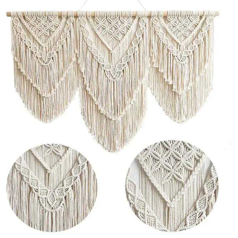 Cream-colored macrame wall hanging tapestry with intricate geometric patterns and long fringe for boho bedroom decor