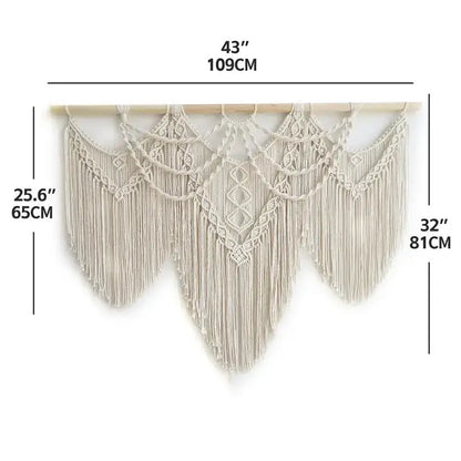 Beige boho cream macrame wall hanging tapestry with intricate geometric knotwork and long fringe for bedroom decor