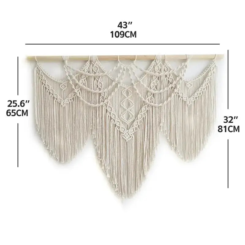 Beige boho cream macrame wall hanging tapestry with intricate geometric knotwork and long fringe for bedroom decor