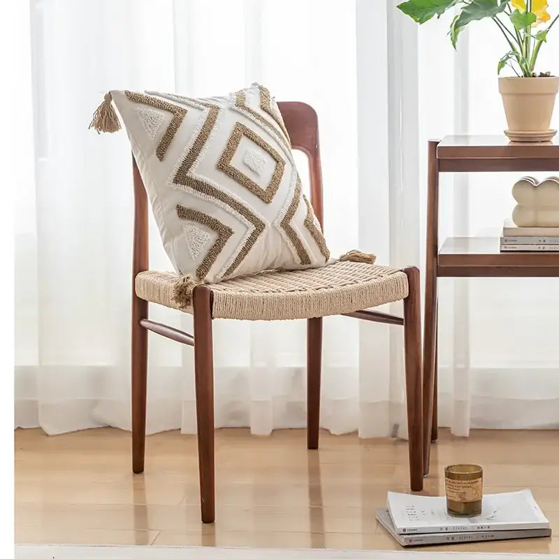 Beige and tan geometric embroidered cushion cover with tufted fringe and tassels for living room decor pillow case