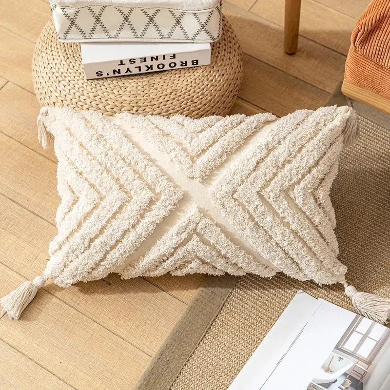 Cream-colored boho cotton tassel pillow cover with textured geometric pattern for living room decorbites decor