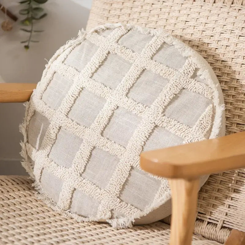 Beige linen pillow cover set featuring a textured grid pattern and frayed edges in boho cream style for bedroom