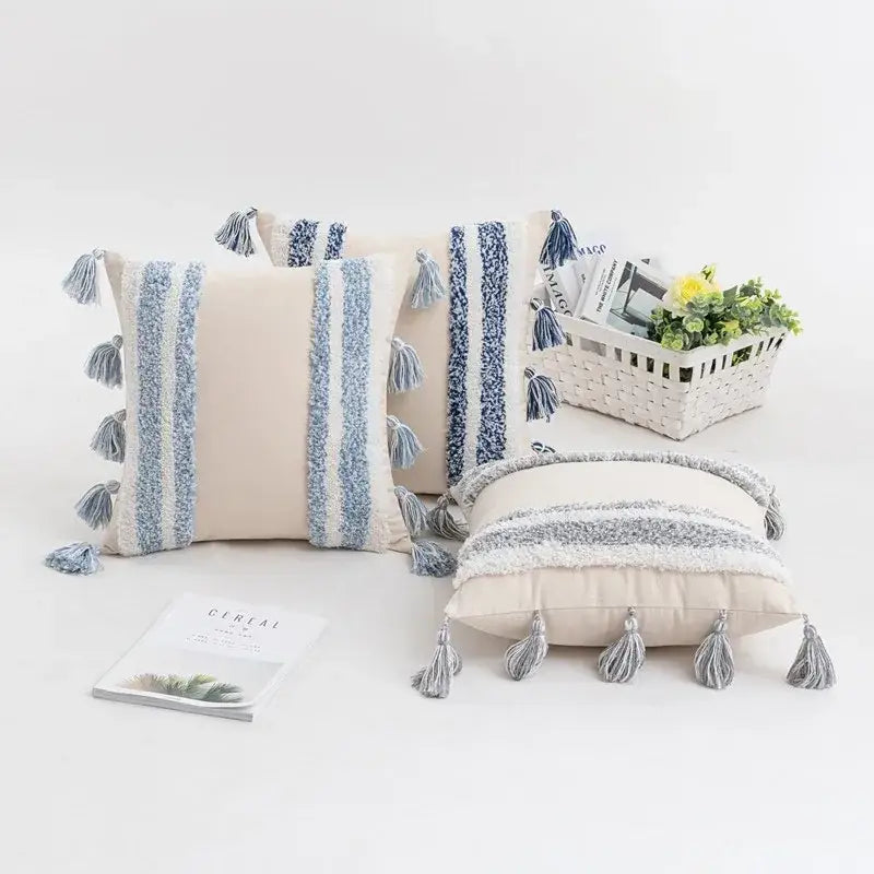 Beige boho cream tufted cushion cover with blue and gray tassel stripes for living room throw pillows