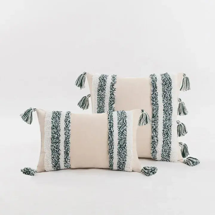 Beige boho cream tufted cushion cover with textured vertical stripes and tassels for living room decoration