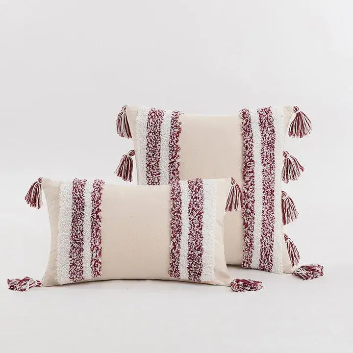 Boho cream tufted cushion cover with maroon and white striped texture and tassels for living room decor