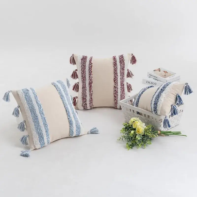Boho cream tufted cushion cover with textured blue and burgundy tassel stripes for living room decor