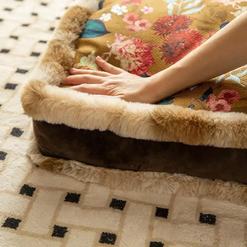 Boho dark floral seat cushions with dark brown cushioning and tan plush faux fur trim for dining room use