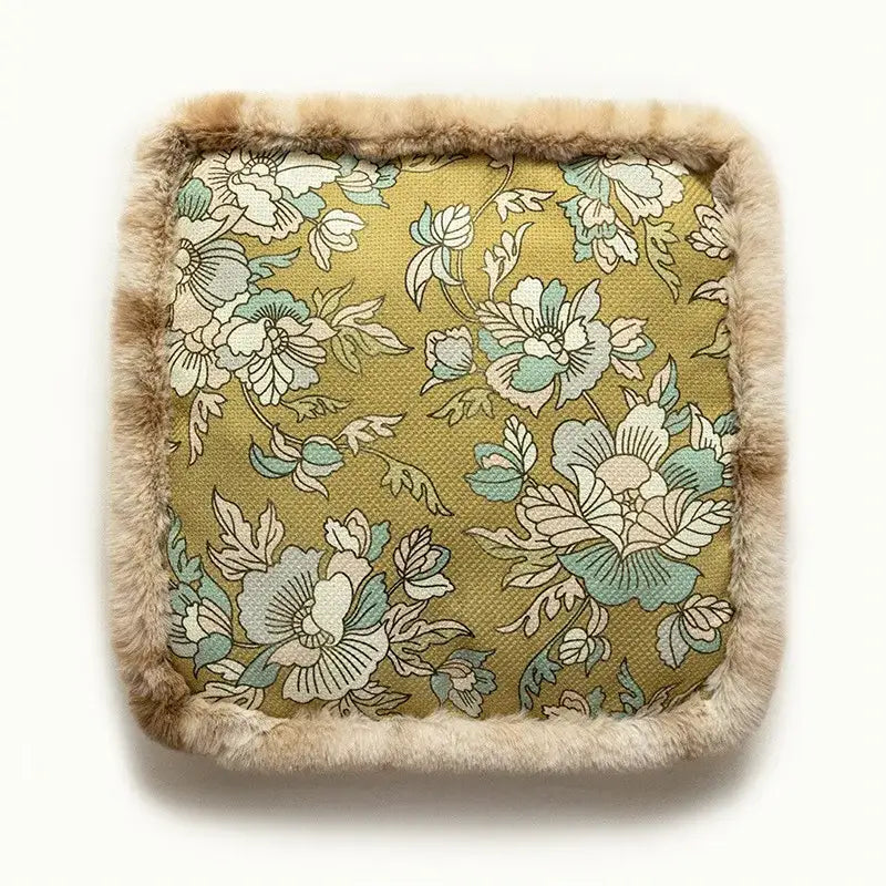 Olive green floral seat cushion with soft light brown faux fur trim ideal for dining room seating comfort