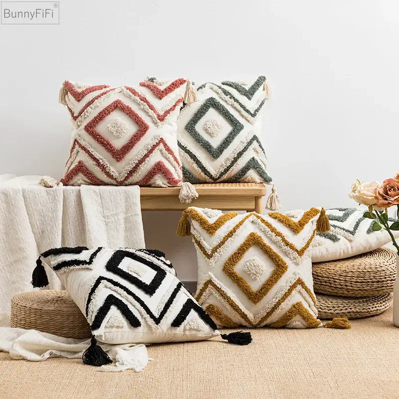 Bunnyfifi boho diamond pillow cushion covers with geometric patterns in earthy tones and tassel accents for living room decorbites