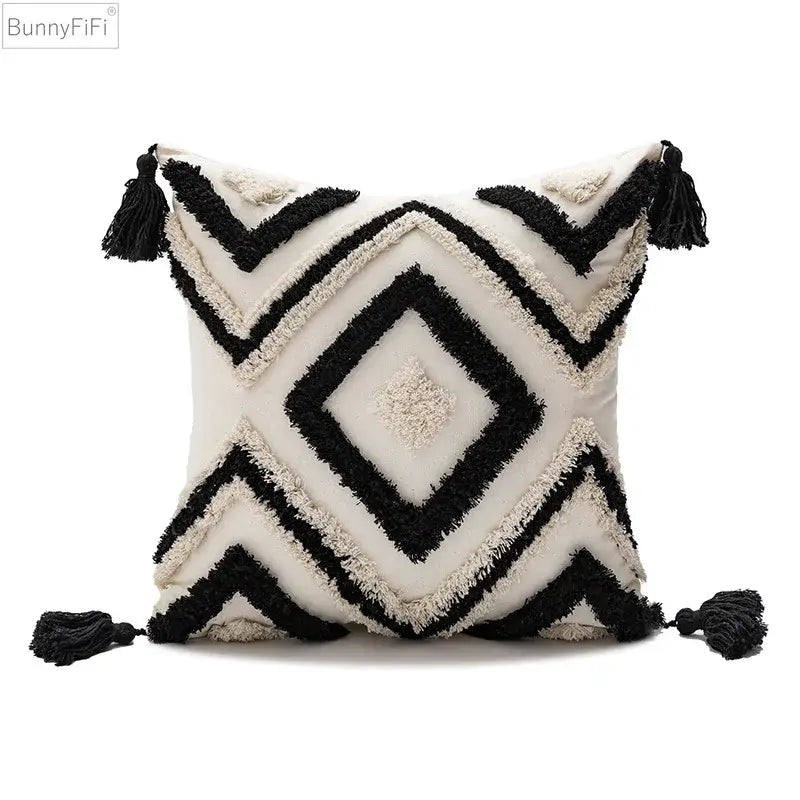 Black and cream geometric boho diamond pillow with tassels cushion covers for living room decorbites earthy decor