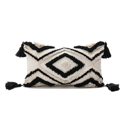 Cream-colored boho diamond pillow with black geometric patterns and tassels for living room cushion covers decorbites