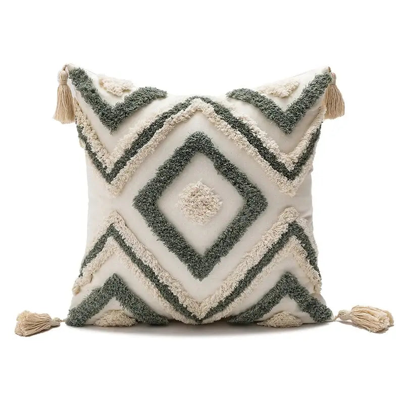 Cream and olive green geometric boho diamond pillow with tassels cushion covers for living room decorbites boho diamond style