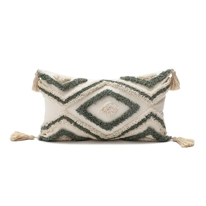 Cream and sage green geometric boho diamond pillow with tassels cushion covers for living room decorbites boho diamond style