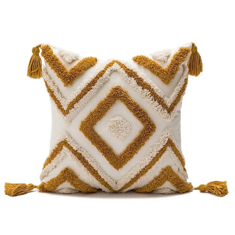 Cream and mustard yellow geometric-patterned boho diamond pillow with tassels from decorbites cushion covers collection