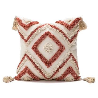 Cream-colored decorbites boho diamond cushion covers with terracotta geometric embroidery and tassels for living room decor
