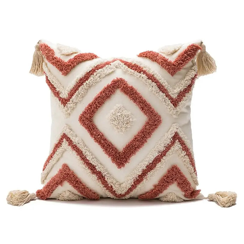 Cream-colored decorbites boho diamond cushion covers with terracotta geometric embroidery and tassels for living room decor