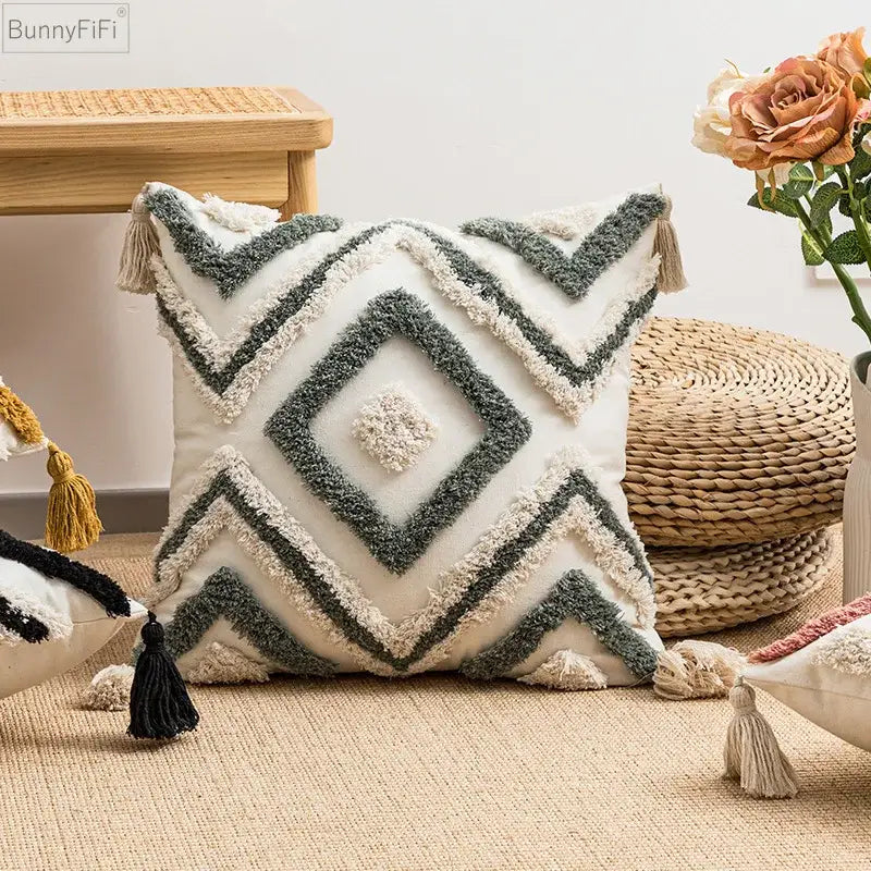 Cream and gray geometric patterned cushion covers with textured tassels from decorbites boho diamond pillow collection