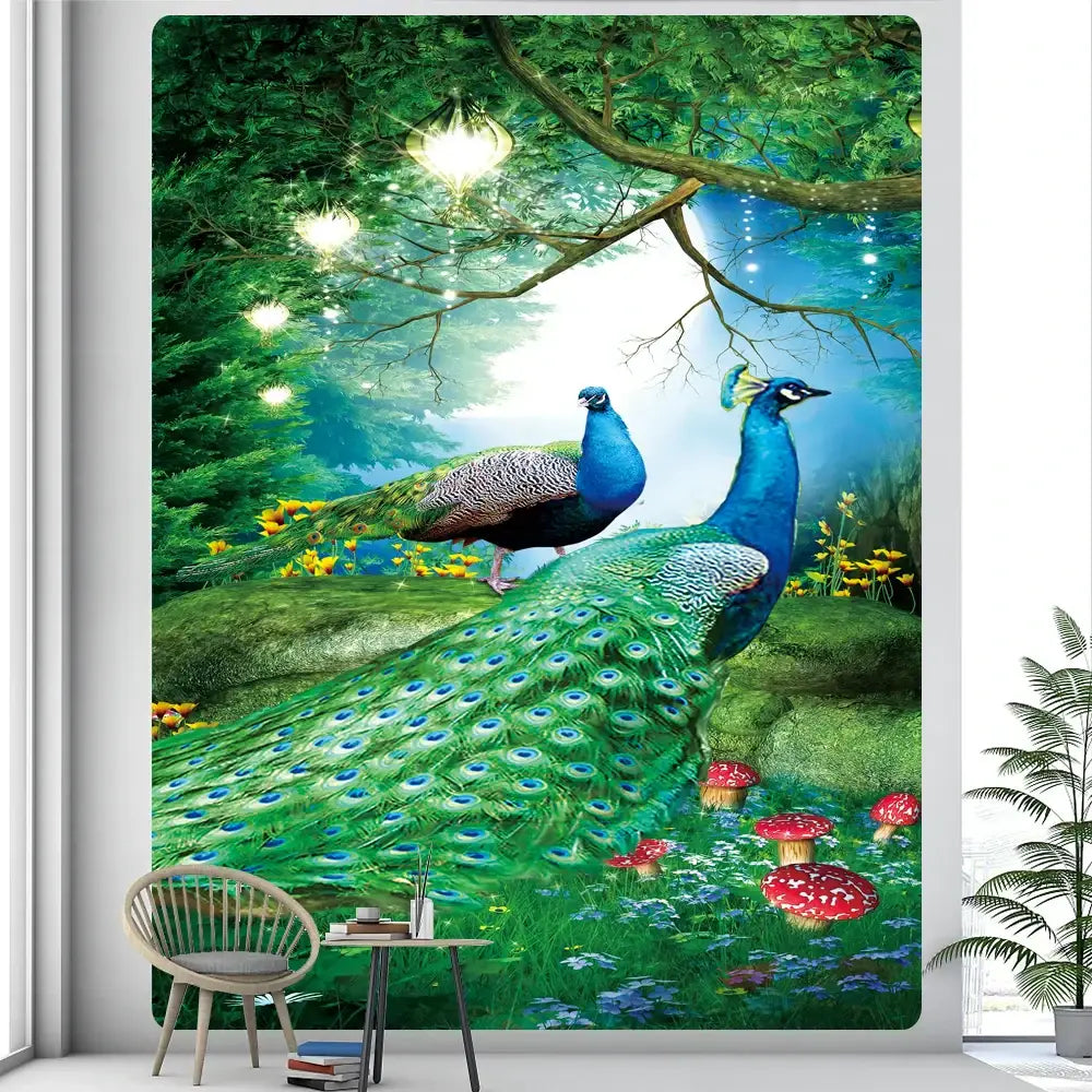 Boho elephant mandala tapestry featuring a vibrant peacock mural in blue and green for living room wall decorbites boho elephant