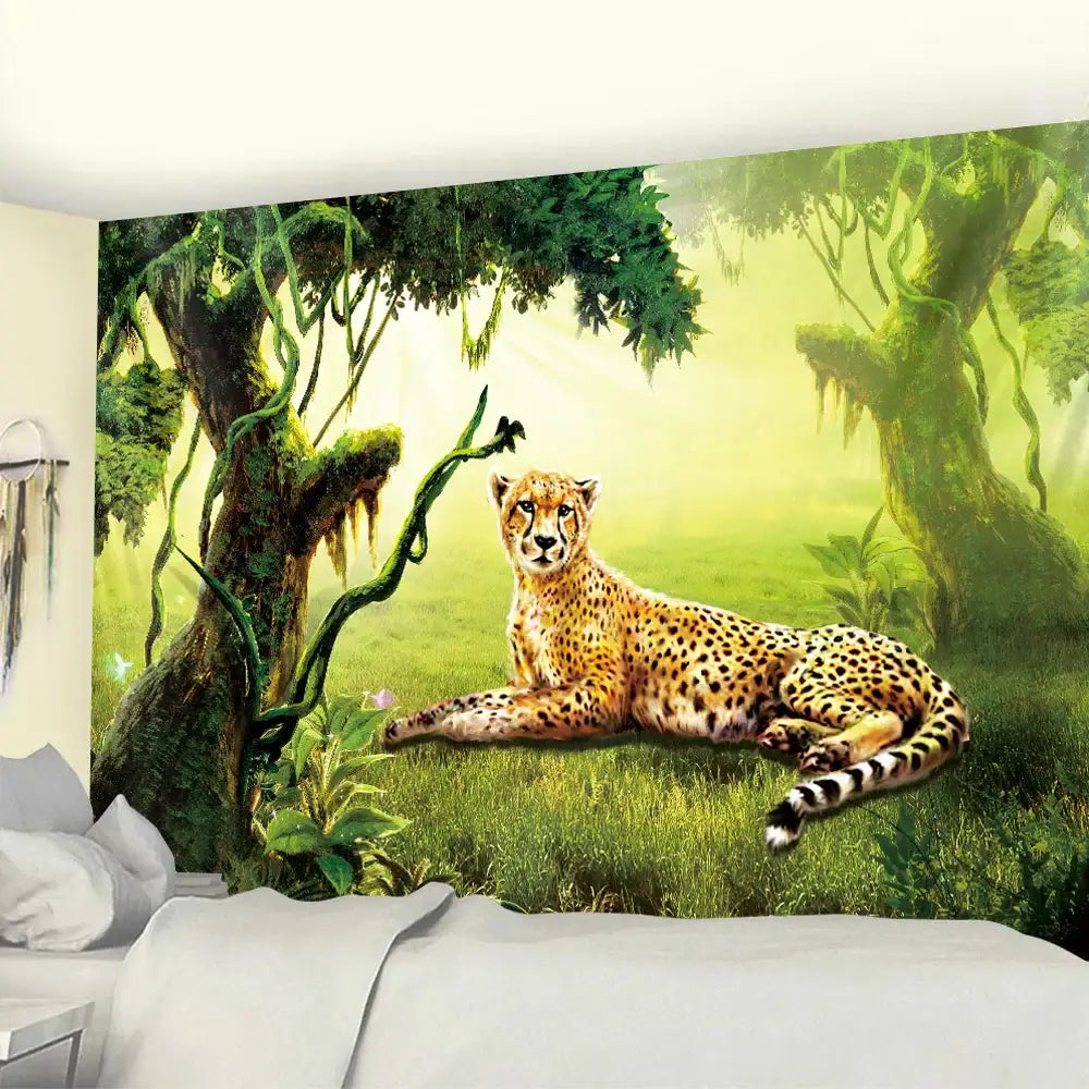 Vibrant jungle-themed decorbites boho elephant mandala tapestry with golden-yellow cheetah and lush green foliage