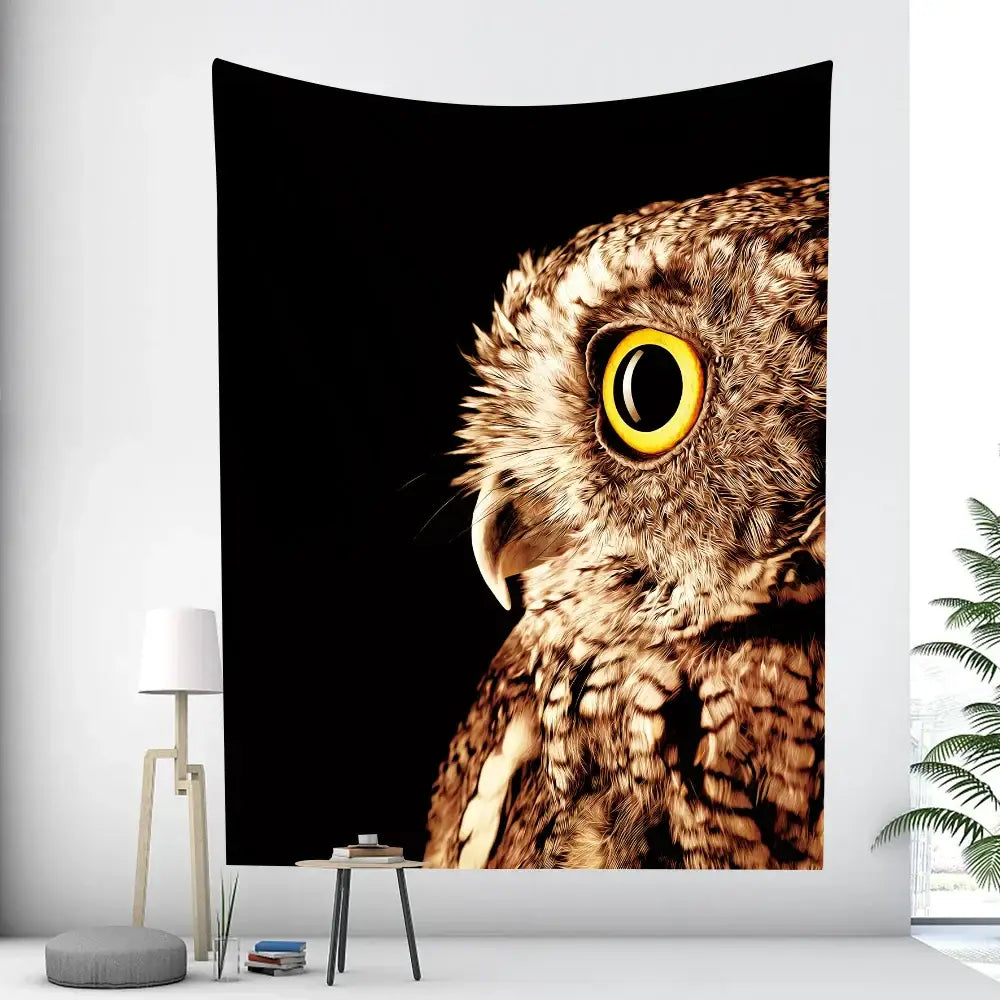 Boho elephant mandala tapestry with a detailed sepia owl close-up, yellow eyes, brown feathers on black background wall art