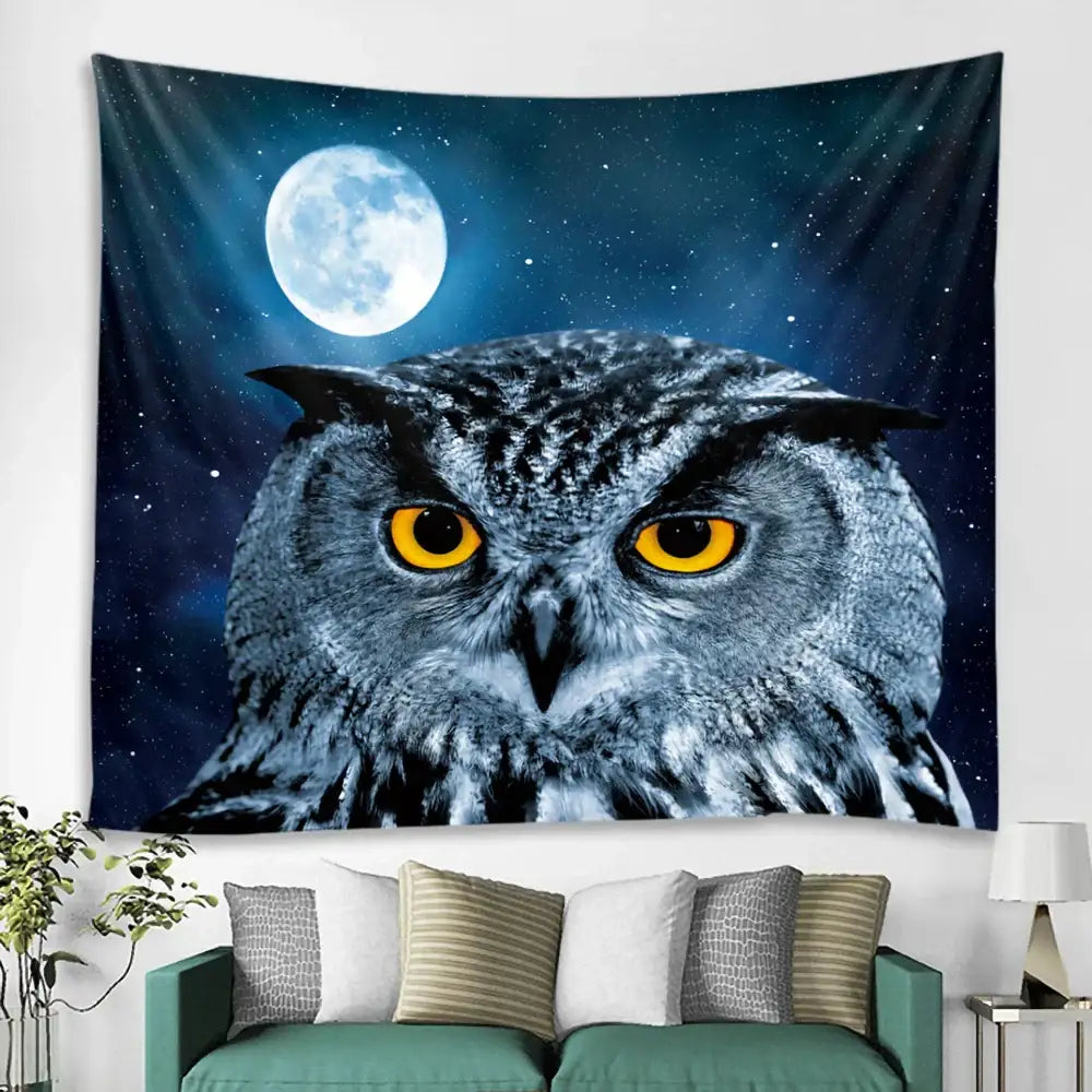 A detailed gray and white owl tapestry with yellow eyes against a starry sky for decorbites boho elephant mandala wall art