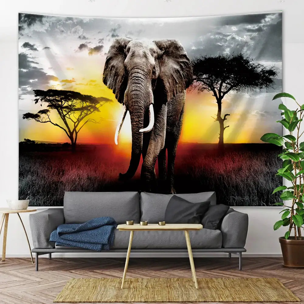 Boho elephant mandala tapestry featuring a gray elephant with white tusks against an orange sunset for living room decorbites boho elephant wall art