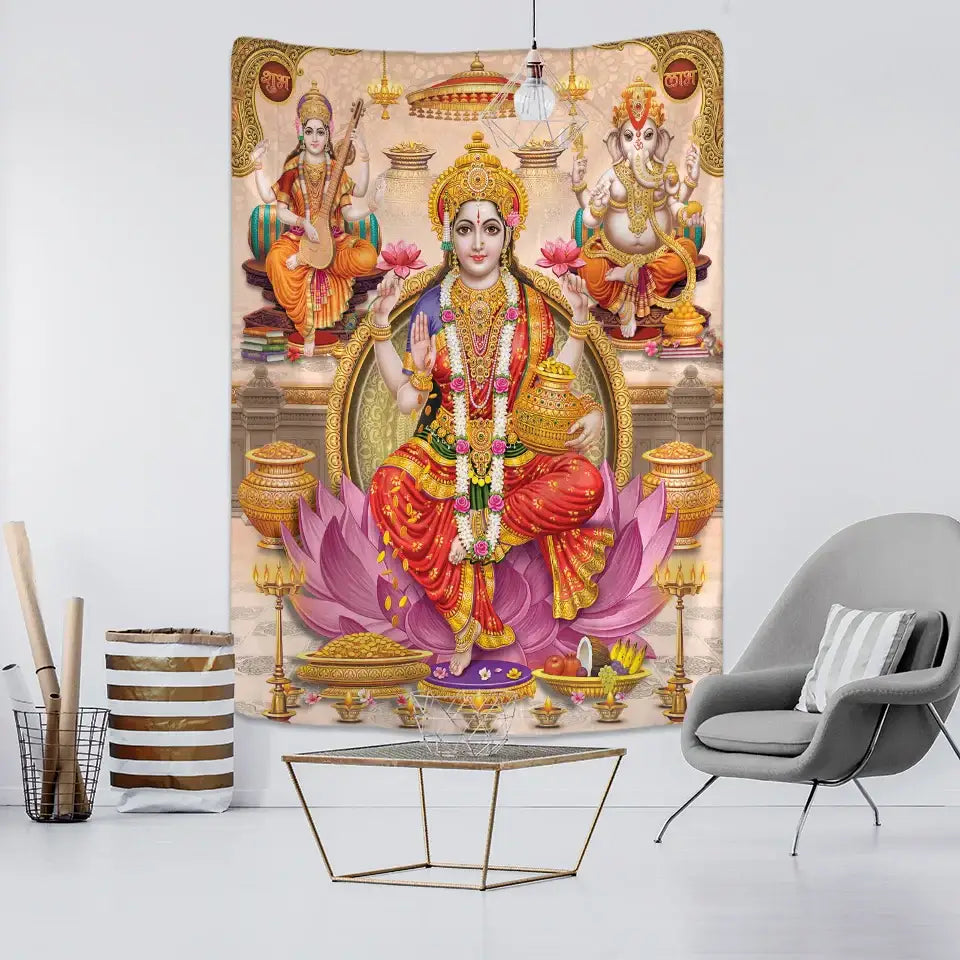 Vibrant boho elephant mandala tapestry featuring goddess lakshmi in purple and gold for decorbites boho elephant bedroom decor