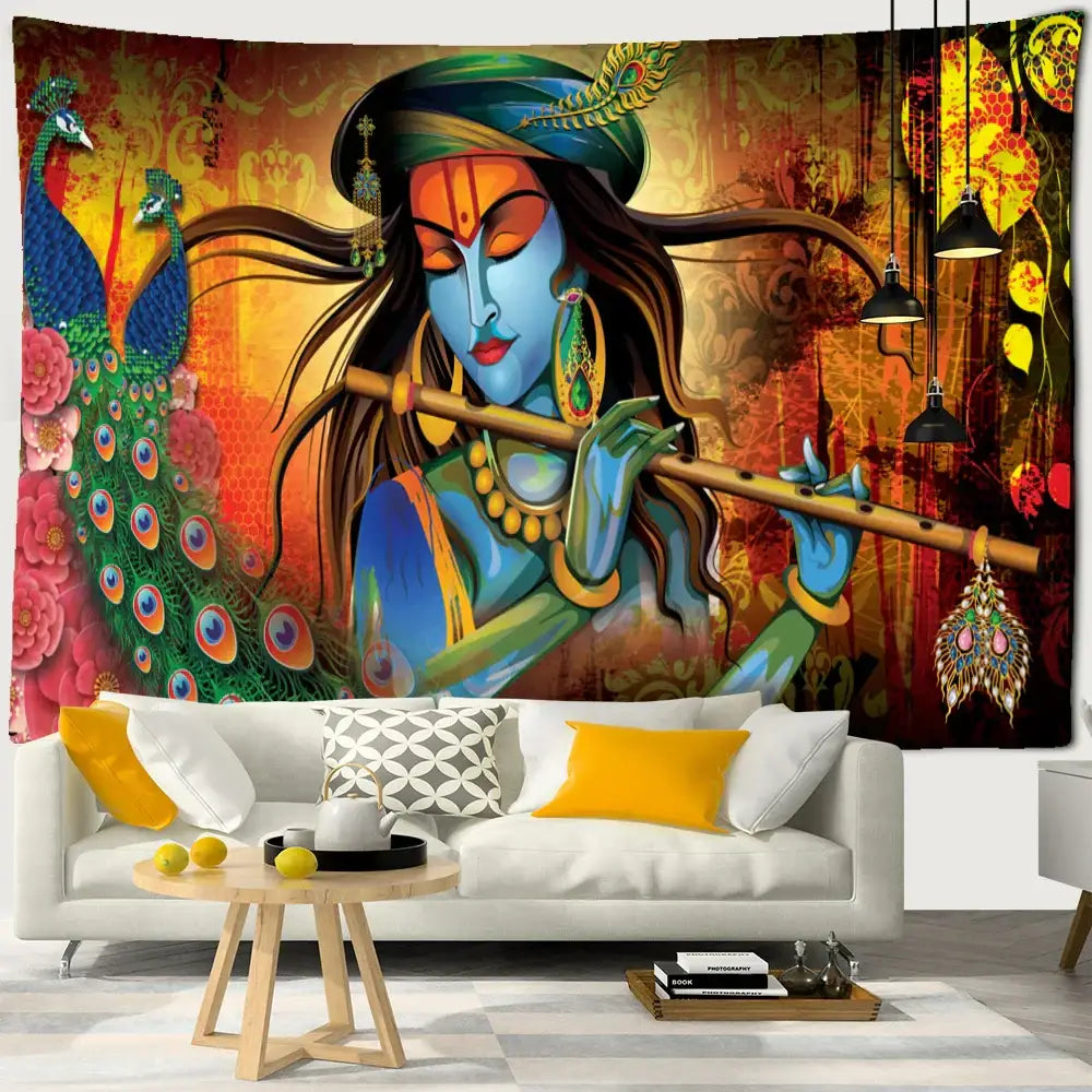 Boho elephant mandala tapestry featuring a vibrant blue-skinned deity with peacocks in purple and gold decorbites style