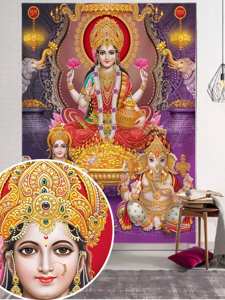 Vibrant purple and gold boho elephant mandala tapestry featuring goddess lakshmi and ganesha for bedroom decorbites decor
