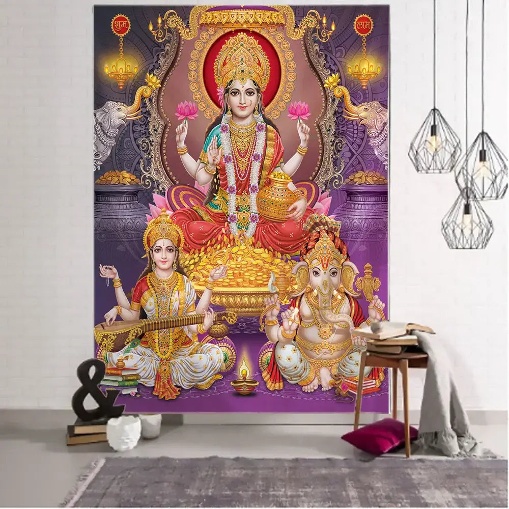 Vibrant purple and gold boho elephant mandala tapestry featuring ornate Hindu deities for Lakshmi bedroom decor