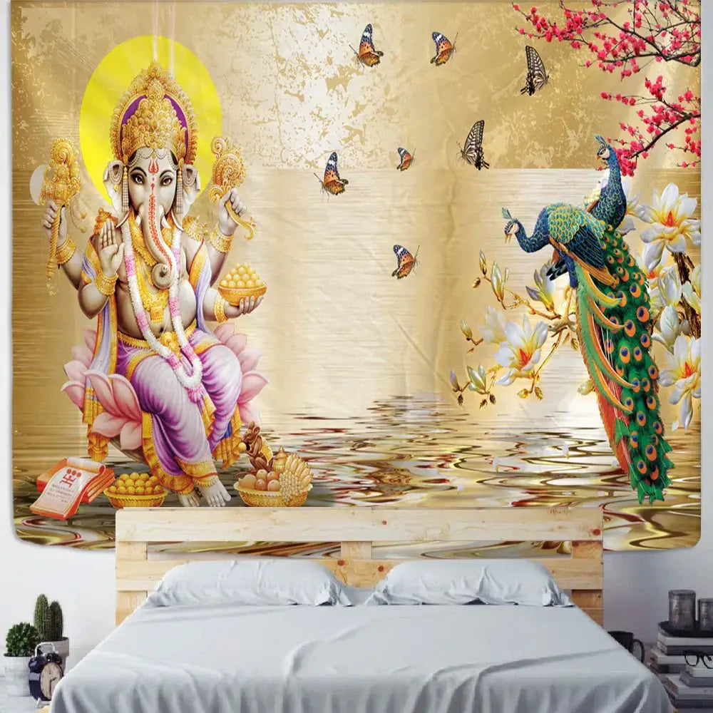 Golden and purple boho elephant mandala tapestry featuring seated ganesha with butterflies peacocks blossoms for bedroom decorbites boho elephant