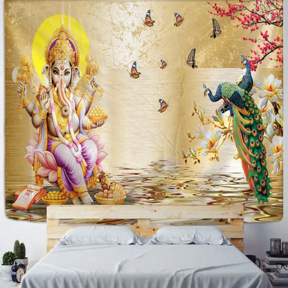 Golden and purple boho elephant mandala tapestry featuring seated ganesha with butterflies peacocks blossoms for bedroom decorbites boho elephant