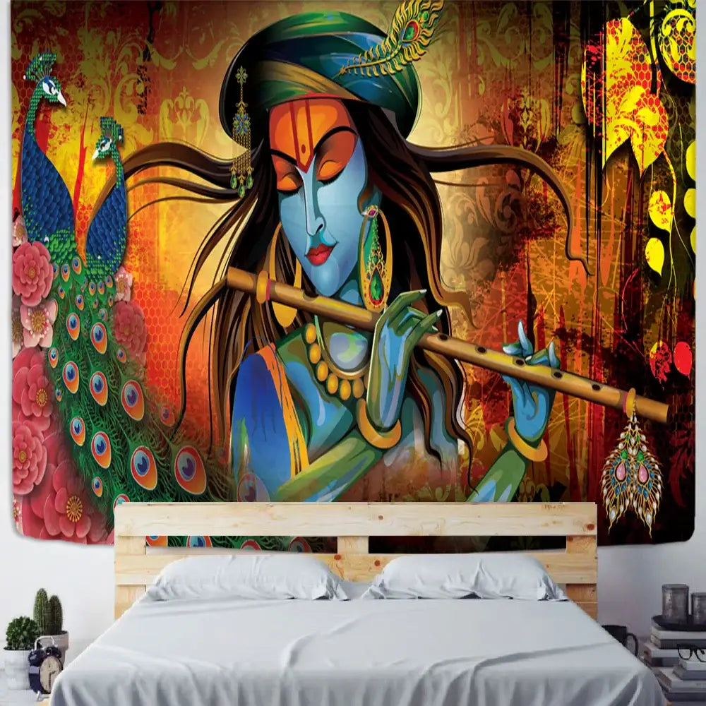 Boho elephant mandala tapestry with vibrant blue Lakshmi deity and intricate peacock floral designs for decorbites boho elephant decor
