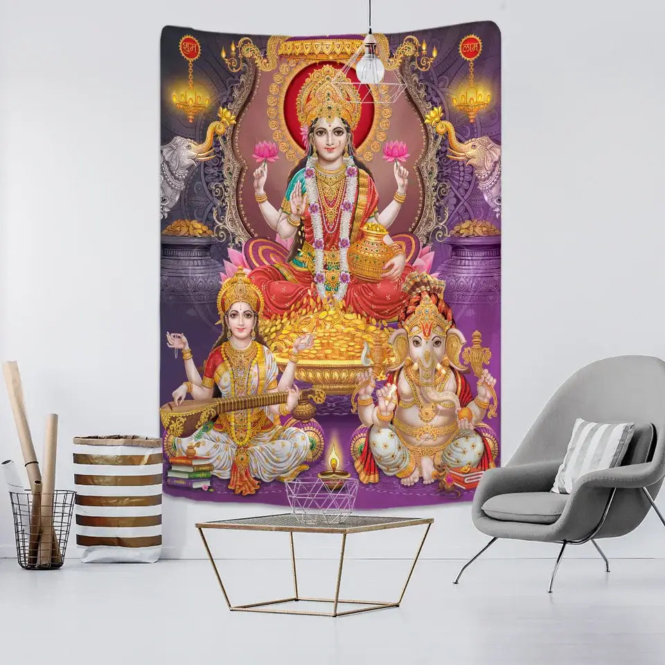 Vibrant purple and gold boho elephant mandala tapestry featuring hindu deities in ornate attire for bedroom decor