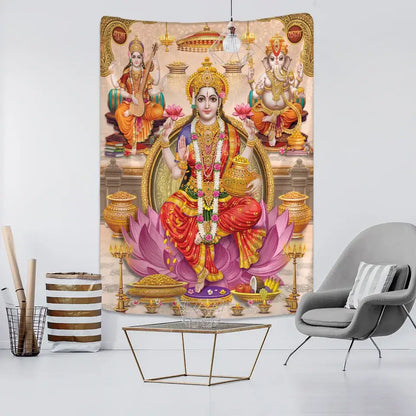 Vibrant boho elephant mandala tapestry featuring goddess lakshmi in purple and gold for bedroom decorbites decor