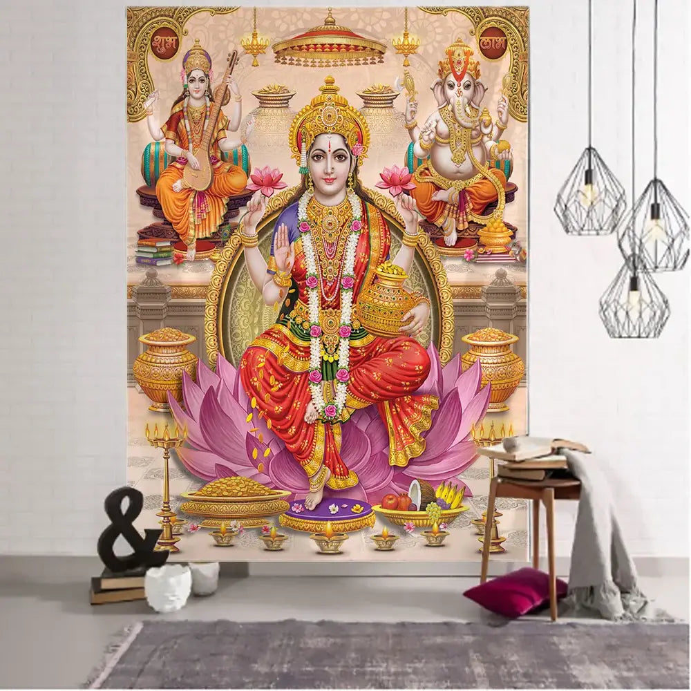 Vibrant red and gold embroidered boho elephant mandala tapestry featuring goddess lakshmi with ganesha and saraswati decorbites boho elephant