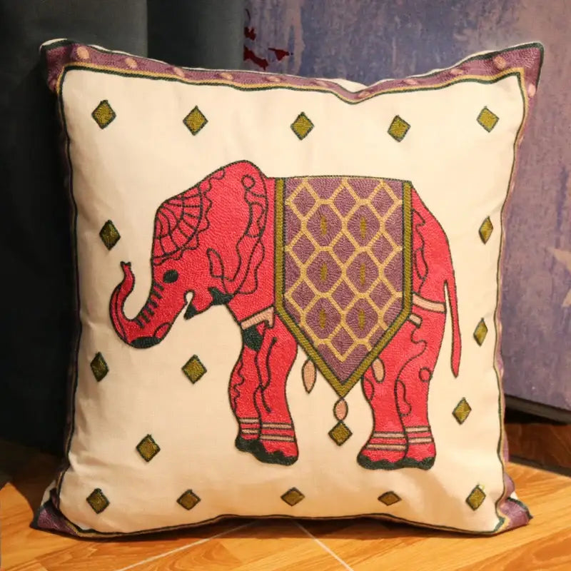 Boho ethnic flower elephant pillowcase with vibrant red embroidered elephant and purple gold geometric decorbites ethnic flower design