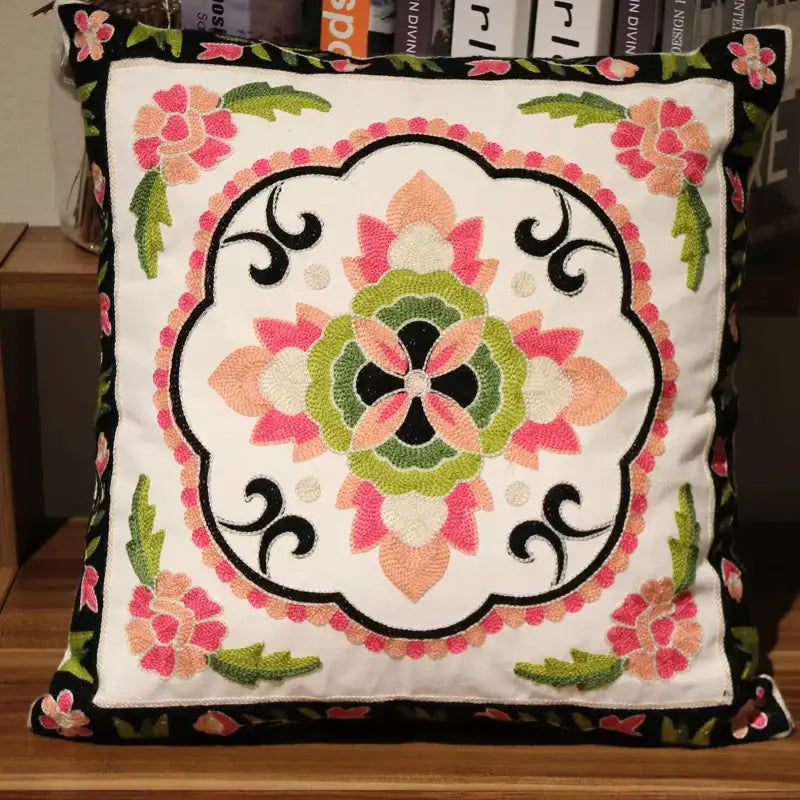 A square embroidered ethnic flower elephant pillowcase with vibrant pink and teal floral mandala decorbites design
