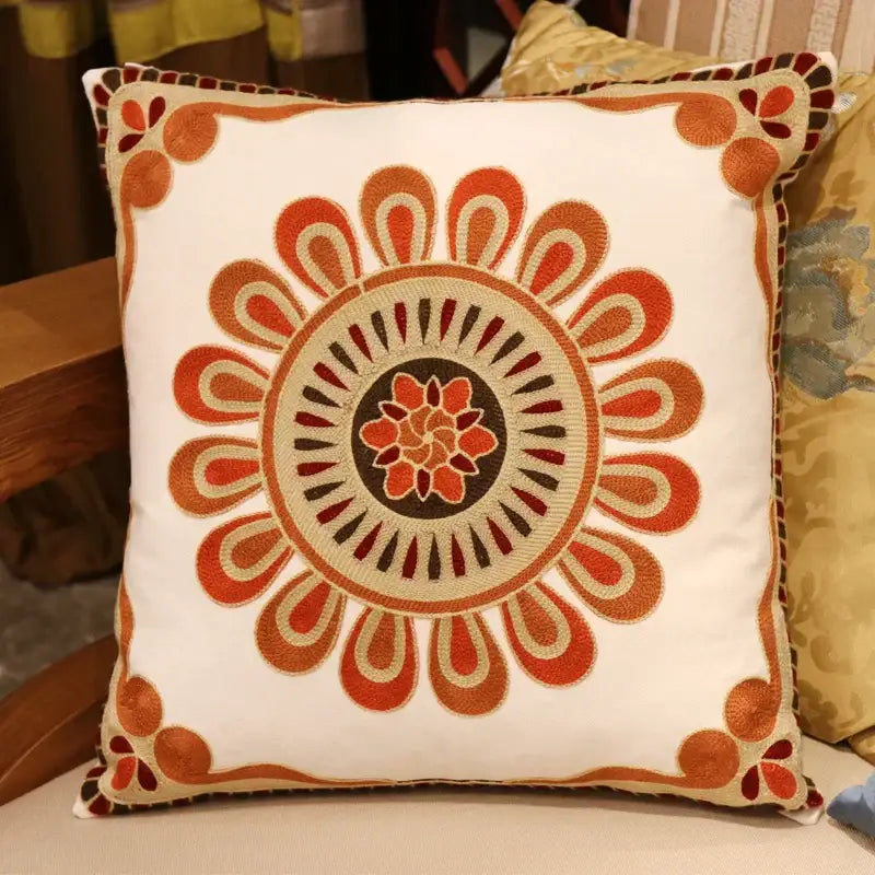 White boho ethnic flower elephant pillowcase with intricate orange and beige embroidered floral patterns for bedroom decorbites ethnic flower decor