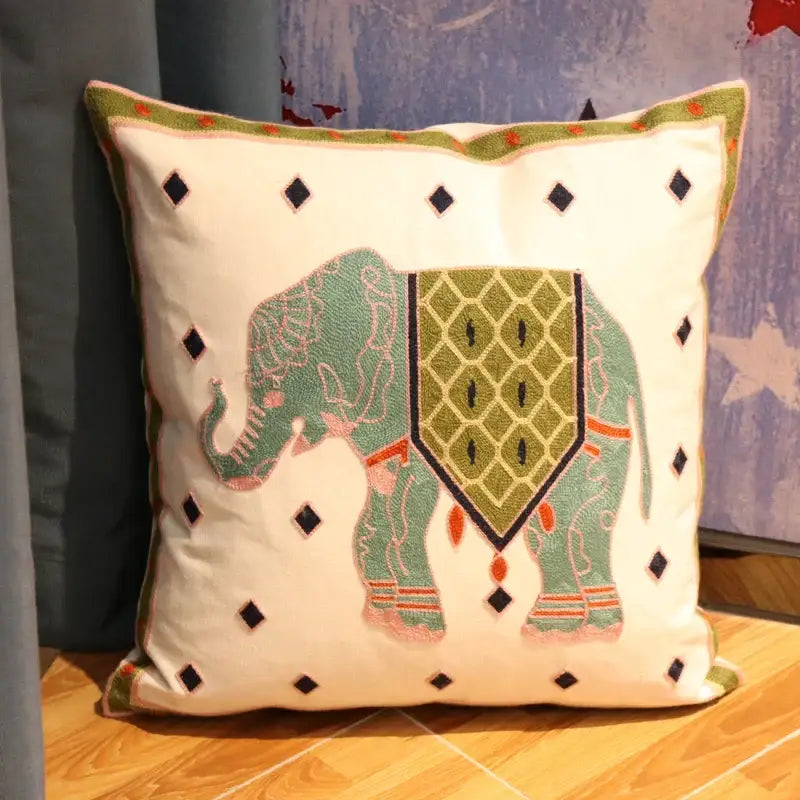 A square boho ethnic flower elephant pillowcase with embroidered green elephant and black diamond cream decorbites ethnic flower design