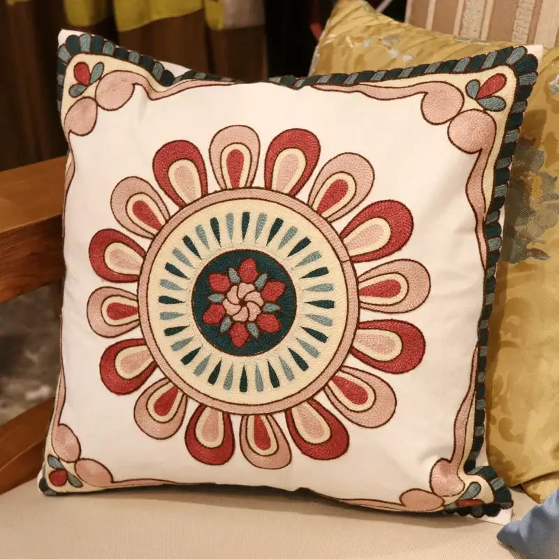A square embroidered ethnic flower elephant pillowcase with red beige floral patterns on a white base for decorbites decor