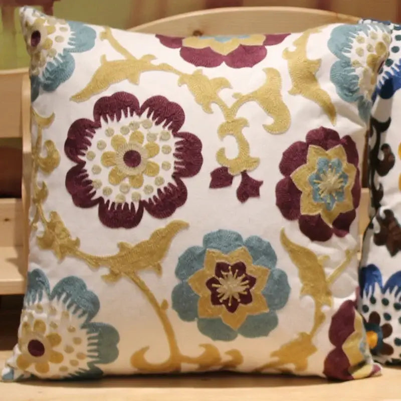 A square boho ethnic flower elephant flower elephant pillowcase with burgundy gold and teal embroidery on white decorbites ethnic flower background