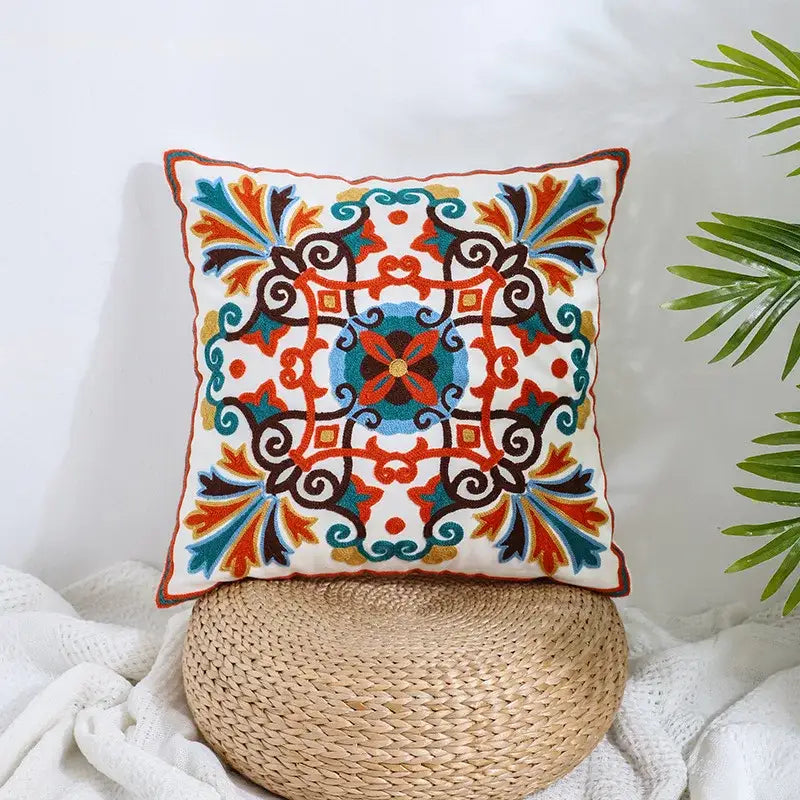 Boho farmhouse floral cream pillow covers with intricate orange teal and brown embroidered patterns for living room decorbites decor